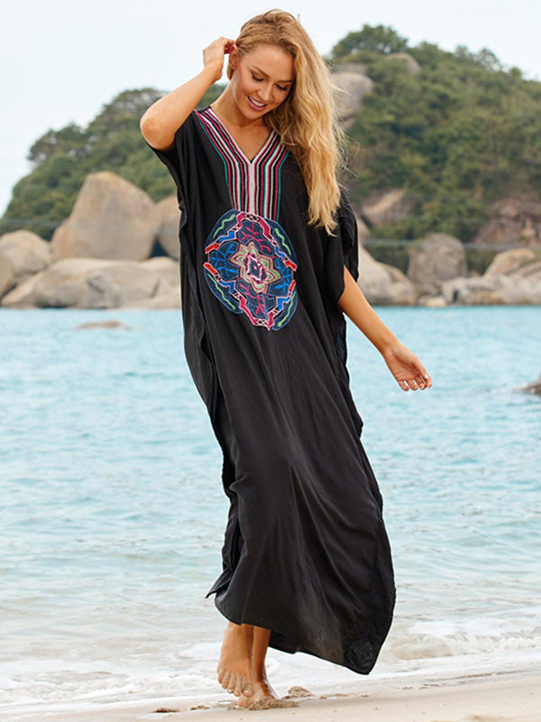 Embroidered V-Neck Split-Side Short Sleeve Loose Cover-Up Swimwear