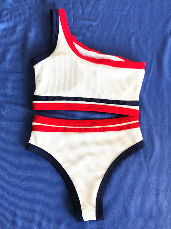 Striped Split-Joint One-Shoulder Empire Split Bikini Swimsuit