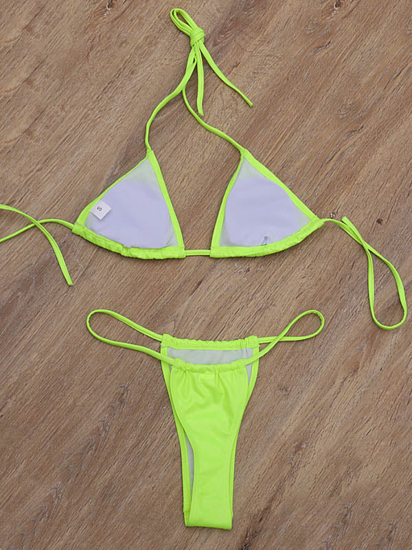 Patent Leather Solid Color Triangles Split Bikini Swimsuit