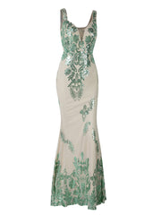 Deep V-Neck Mermaid Sequin Floral Maxi Dress XJ1747