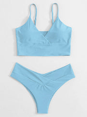 Solid Color Crossed Split-Joint V-Neck Split Bikini Swimsuit