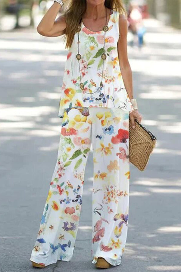 Simply Flourishing Printed Loose Tank and Wide Leg Pants Set