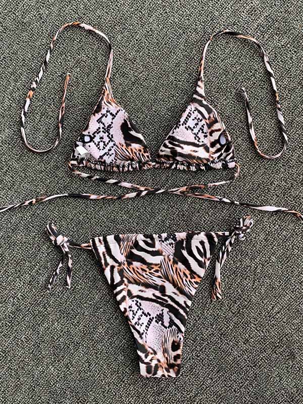 Tiger Pattern Triangles Bandage Split Bikini Swimsuit