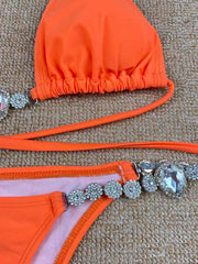 Solid Color Crystal Chain Bandage Bikini Swimsuit