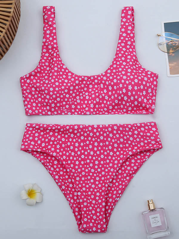 Floral-Print U-Neck Split Bikini Swimsuit