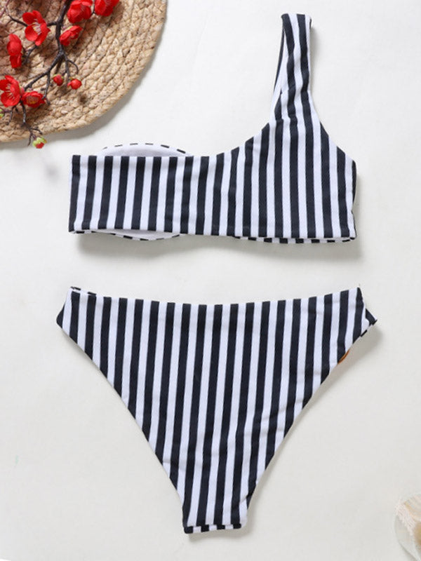 One Shoulder Striped Bikini Swimsuit