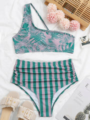 Floral-Print Color-Block One-Shoulder Split Bikini Swimsuit