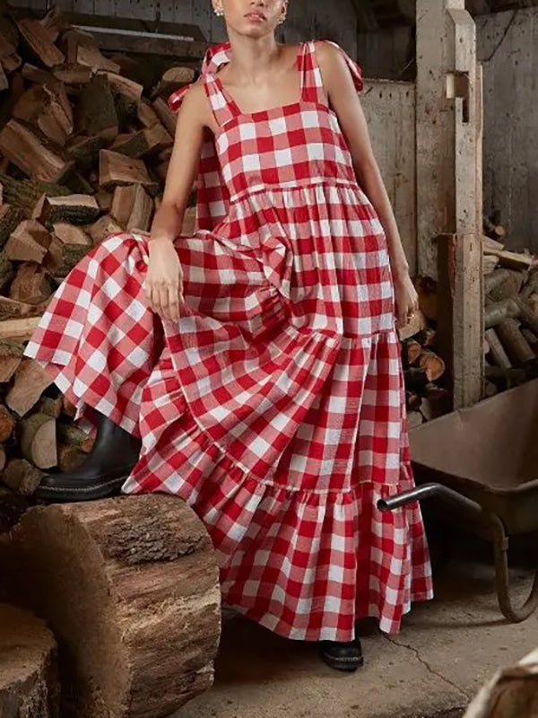 A-Line Loose Plaid Split-Joint Tied Square-Neck Maxi Dresses