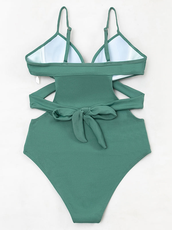 Solid Color Spaghetti-Neck Hollow Monokini Swimwear