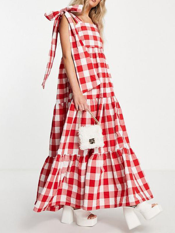 A-Line Loose Plaid Split-Joint Tied Square-Neck Maxi Dresses