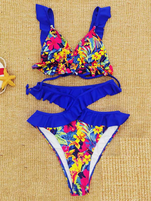 Falbala Floral Printed  Lace-Up Bikini Swimsuit