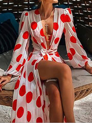 Polka-Dot Floral-Print Puff Sleeves Tunicshang Maxi Dress