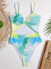 Tie-Dyed Split-Joint Hollow Slim Spaghetti-Neck One-Piece Swimwear