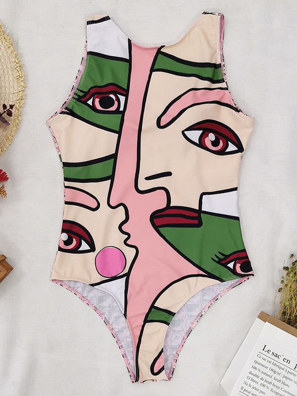 Abstract Printed Cartoon One-Piece Swimsuit