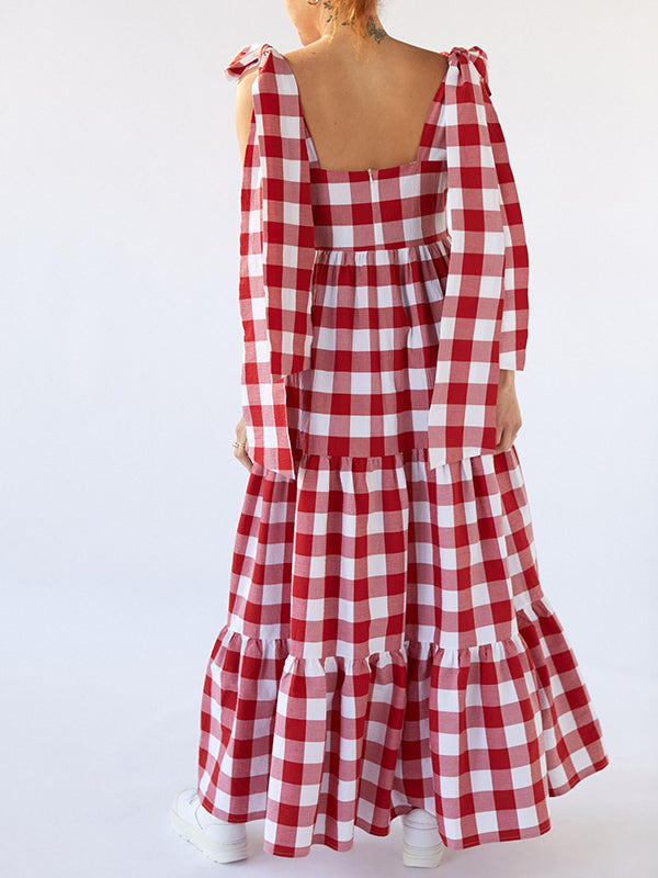 A-Line Loose Plaid Split-Joint Tied Square-Neck Maxi Dresses