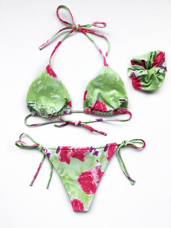 Tie-Dyed Printed Halterneck Split Bikini Swimsuit +Hair Ring