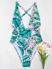 Deep V-Neck Floral Print Bandage One-Piece Swimwear