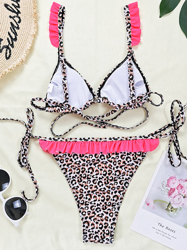 Triangle Leopard Print Ruffled Bikini Swimwear