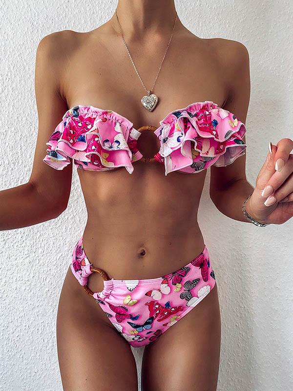 Bandeau-Bikini-Badeanzug mit Blumenmuster, Falbala, Stufendesign und Schlitz 