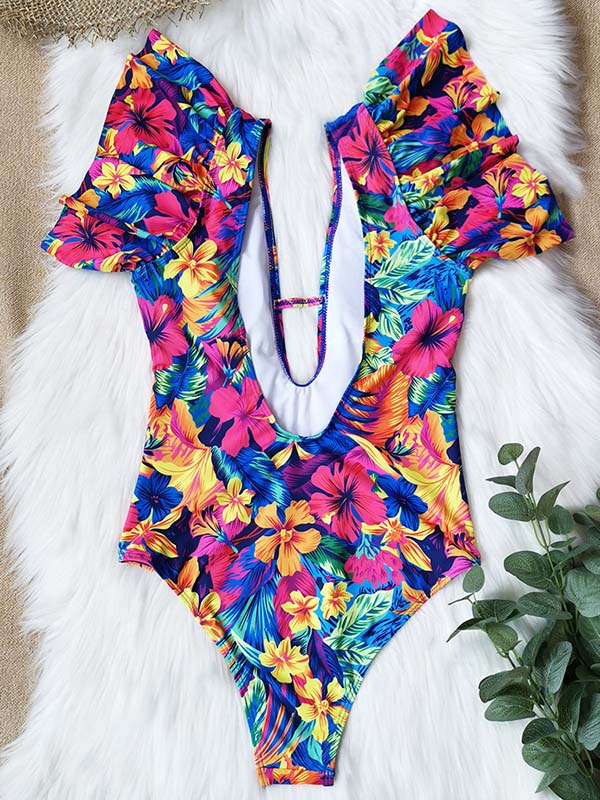 Floral Print Falbala One Piece Swimsuit