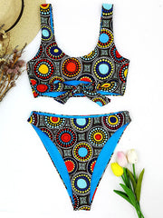 Ethnic Printed Bandage Hollow U-Neck Split Bikini Swimsuit