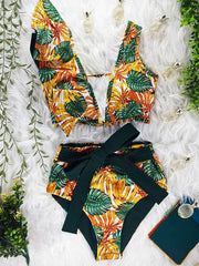 Floral Falbala Asymmetric Bikini Swimsuit