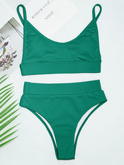 Solid Color U-Neck Spaghetti-Neck Split Bikini Swimsuit