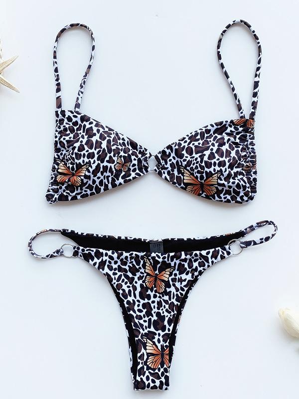 Bikini-Badeanzug mit Leopardenmuster, Dreiecken und Schlitz 