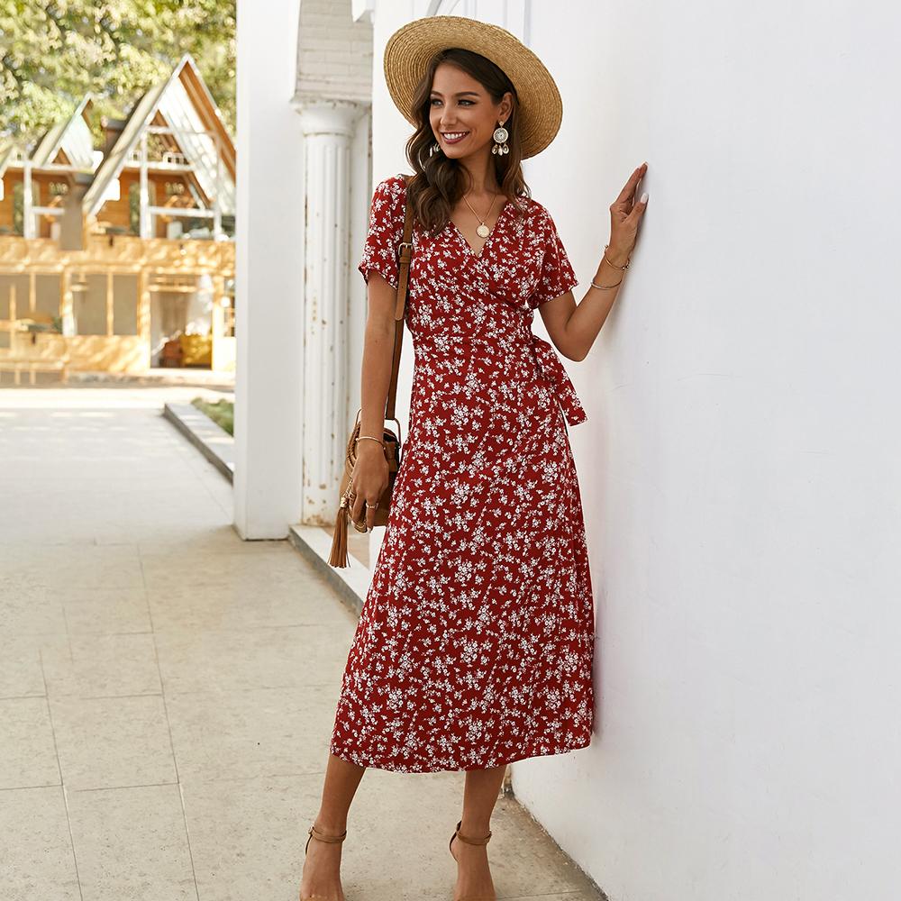 Short Sleeve V-neck Floral Print Wrap Dress