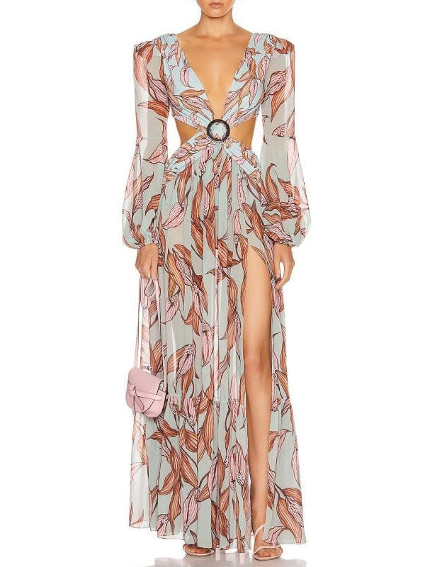 Floral-Print Bandage Puff Sleeves Asymmetric Bohemian Maxi Dress