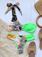 Leopard Print Split-Joint Asymmetric Split Bikini Swimsuit