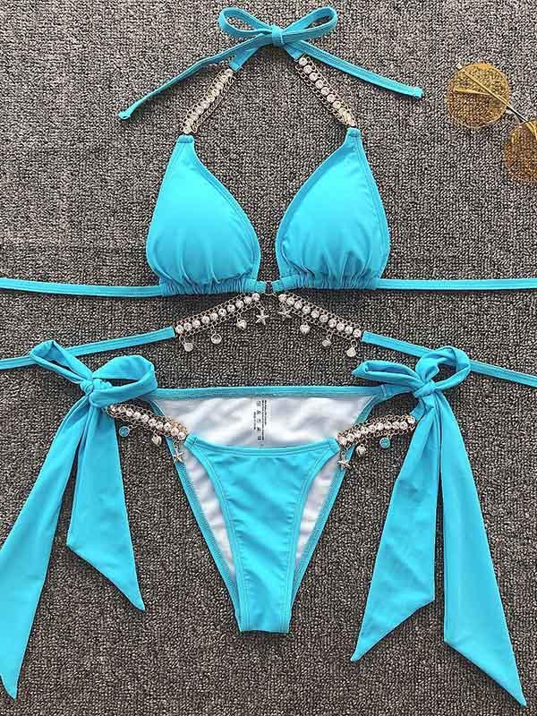 Gorgeous Embellished Bandage Triangles Split Bikini Swimsuit