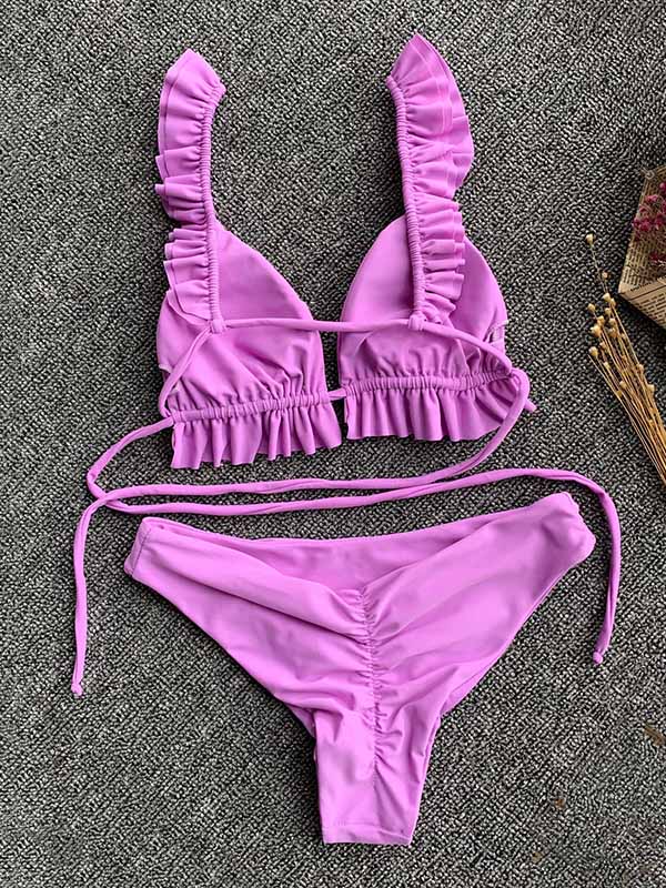 Solid Color Ruffled Triangles Split Bikini Swimsuit