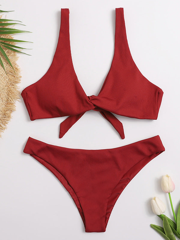 Solid Color Knotted Backless Split Bikini Swimsuit