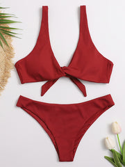 Solid Color Knotted Backless Split Bikini Swimsuit