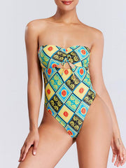 Vintage Print Hollow Bandage Bandeau One-Piece Swimwear