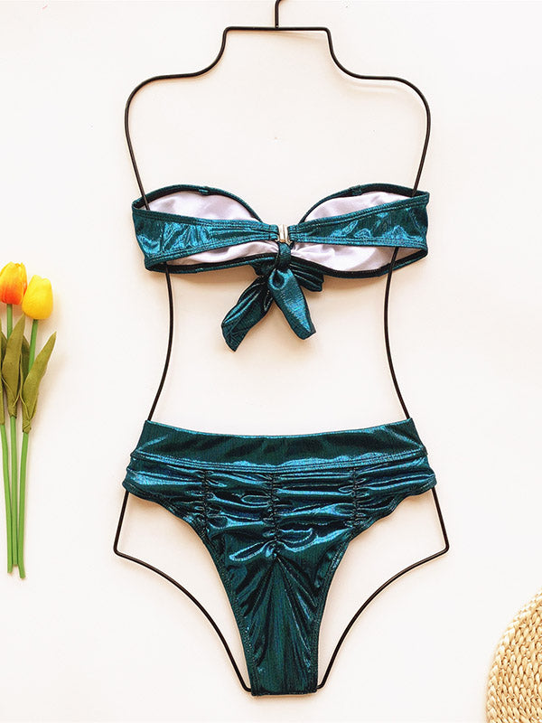 Shining Knotted Bandeau Belted Split Bikini Swimsuit