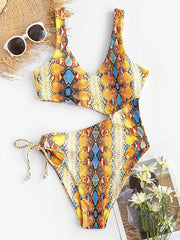 Sleeveless Printing Hollow Bandage Monokini Swimwear