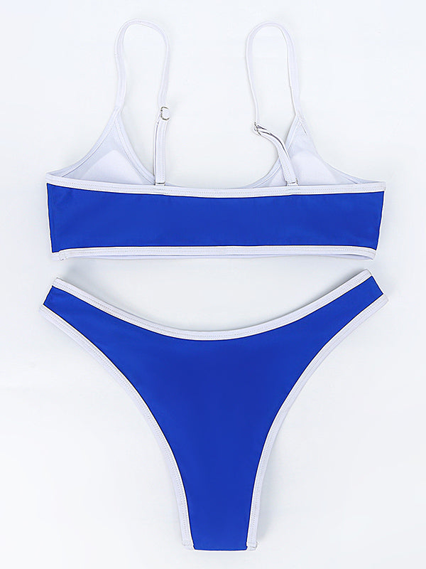 Contrast Color Split-Joint Spaghetti-Neck Split Bikini Swimsuit