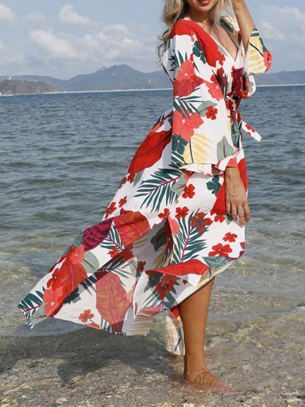 Floral-Print Belted Long Sleeve Tunicshang Cover-Ups