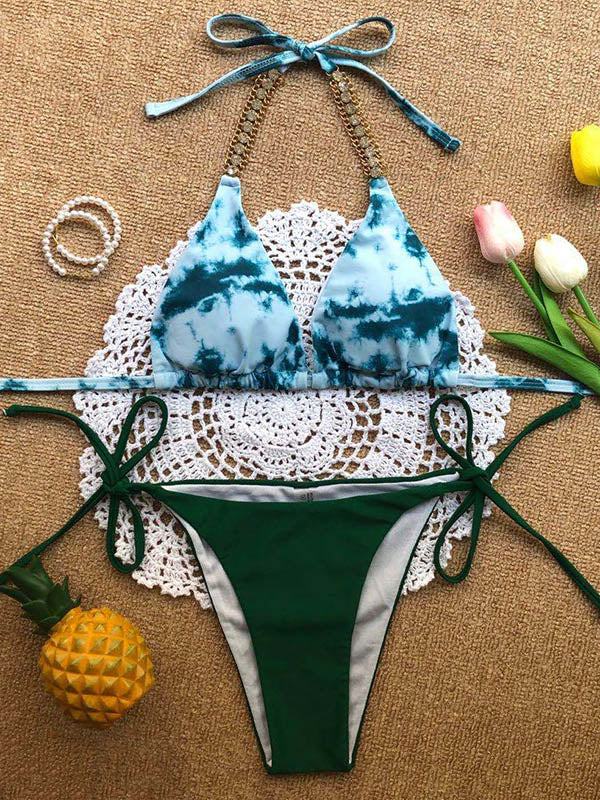 Gorgeous Embellished Tie-Dyed Lace-Up Bikini Swimsuit