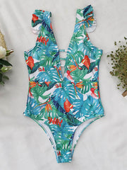 Ruffled Floral Print V-Back One-Piece Swimwear