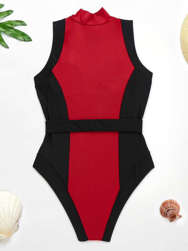 Contrast Color Split-Joint Belted Zipper One-Piece Swimwear