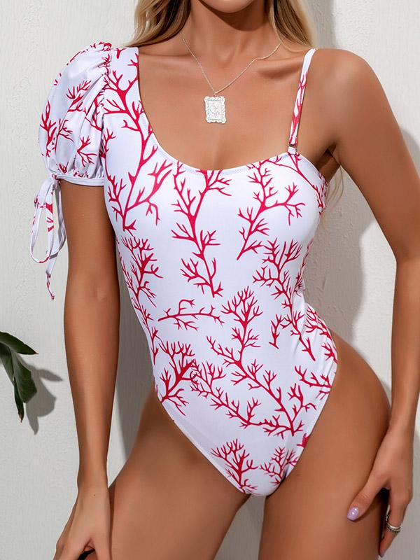 Asymmetric One-Shoulder Floral-Print One-Piece Swimwear