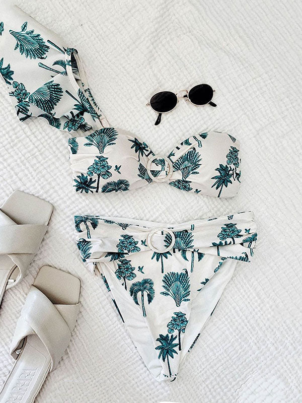 Floral-Print One-Shoulder Bandeau Split Bikini Swimsuit