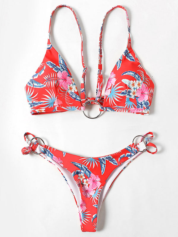 Three-Piece Floral Print Bandage Tie Side Bikini Swimwear