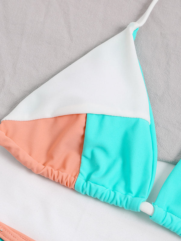 Contrast Color Split-Joint  Bandage Backless Split Bikini Swimsuit