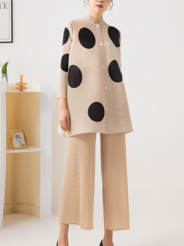 Long Sleeves Loose Pleated Polka Dot Stand Collar Two Pieces Set