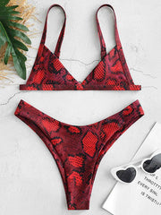 Snake-Print Backless Triangles Split Bikini Swimsuit