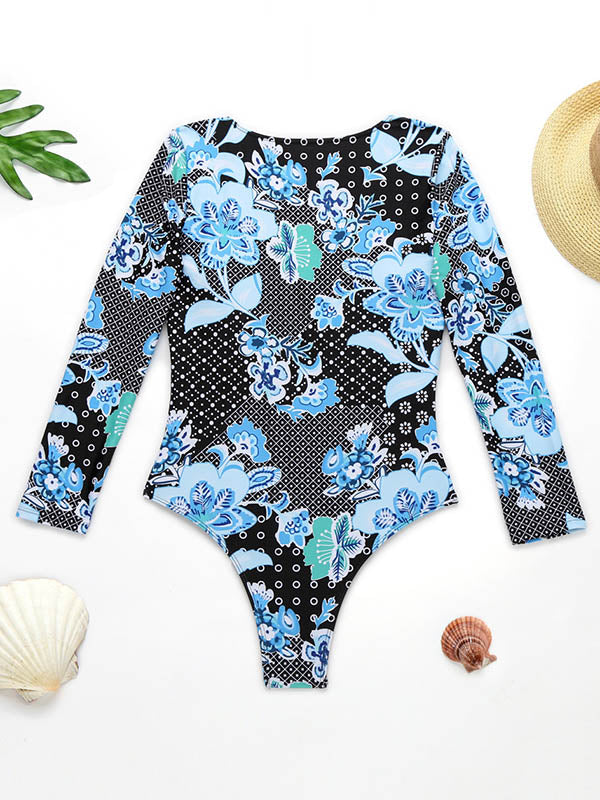 Floral-Print Split-Joint Long Sleeve One-Piece Wetsuit